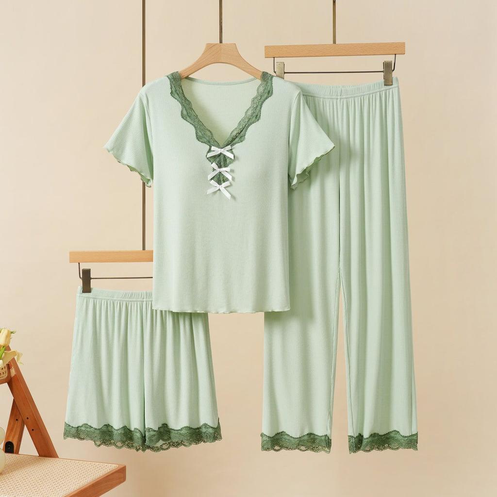 Women Suits Sets Lace-Trimmed Padded Nightgown Set with Short-Sleeve Top and Long Pants for Women Pants Two-piece Oversize 2PC Suit