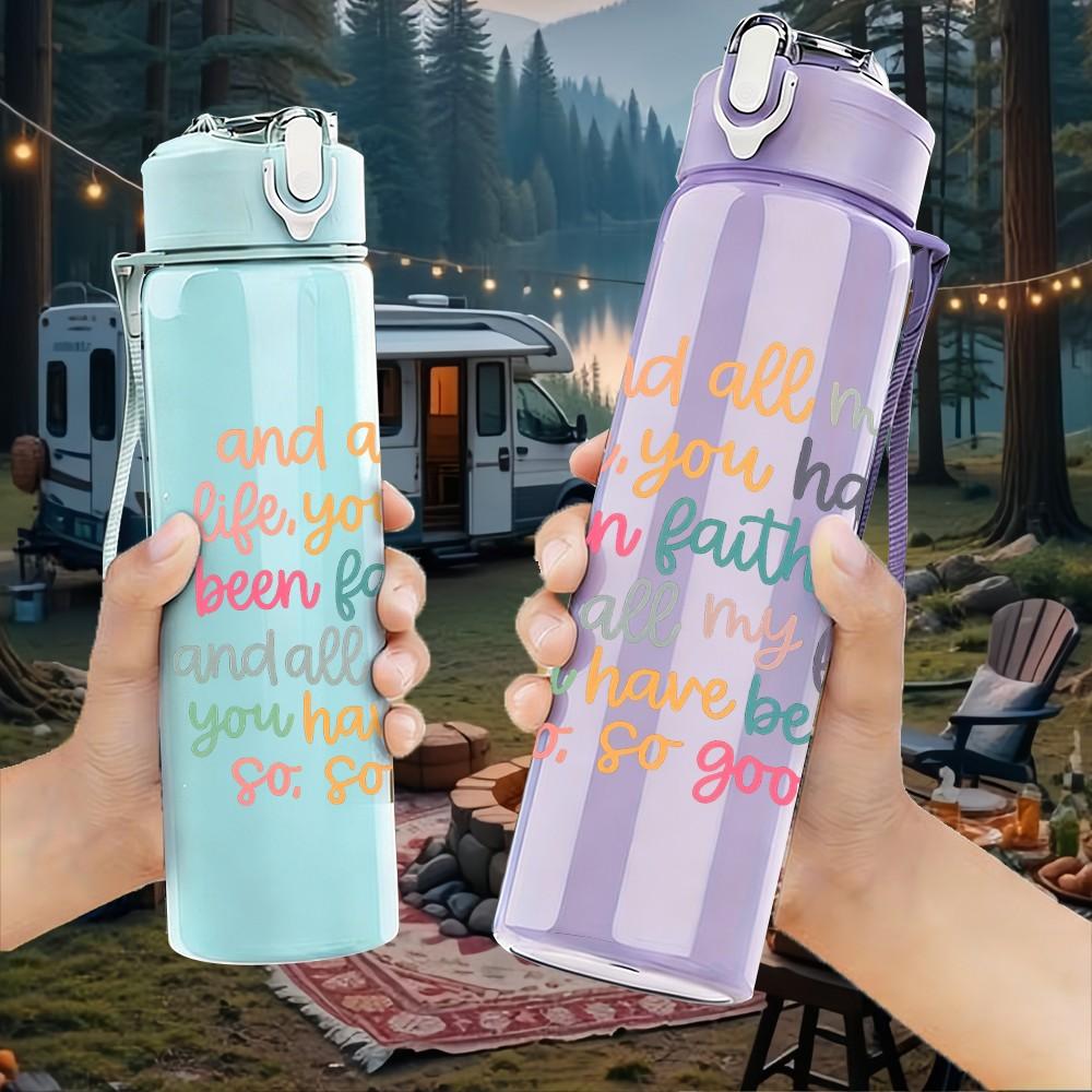 1PC Encouraging Multicolor Handwritten Quote Print 750ml Color Plastic Sports Water Bottle Leakproof Flip Straw Lid Suitable for Sports Office Use
