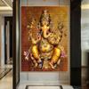Ganapati Ganesh Gold Edelstein Leinwandmalerei, religiöses Gold Wandbild, Verehrung hinduistischer Götter, Göttinnen und Götter zur Heimdekoration