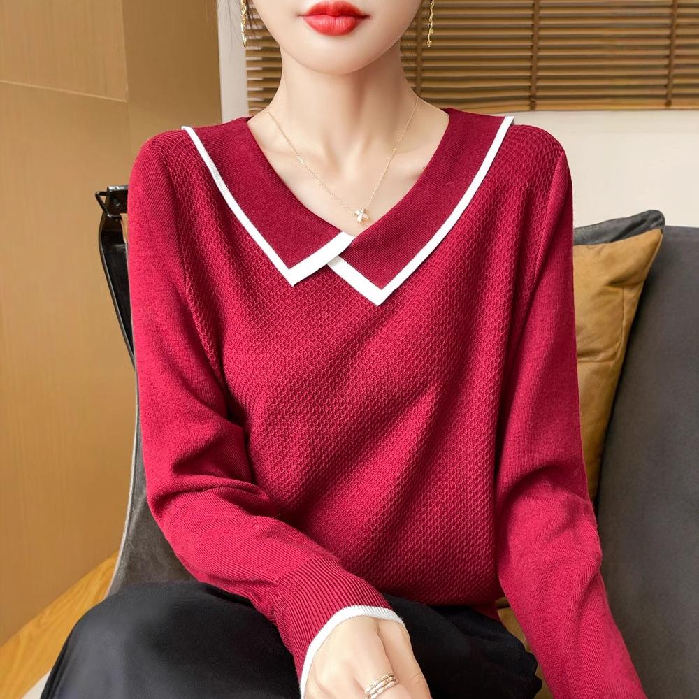 

DAFIFY Женская мода повседневная осень-зима однотонный принт длинный рукав поло воротник свитера XXL бордовый