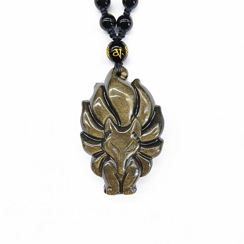 Pendente Collana Raffinatamente Scolpito in Ossidiana Volpe a Nove Code per Uomo e Donna