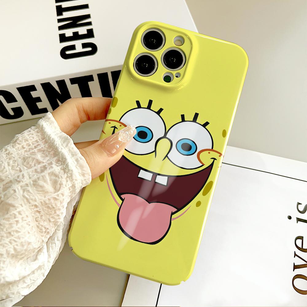 MINISO Cartoon Funny FACE S-SpongeBob Phone Case For IPhone 16 15 14 13 12 11 Plus Pro Max Mini Glossy HD Hard Cover Film Shell