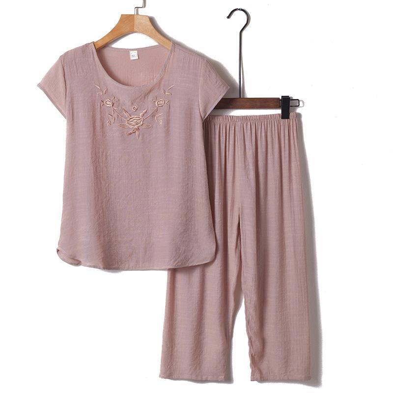 

Свободный хлопково-льняной комплект для женщин среднего и пожилого возраста - футболка с коротким рукавом и пижама-двойка для лета XXXXL верблюд