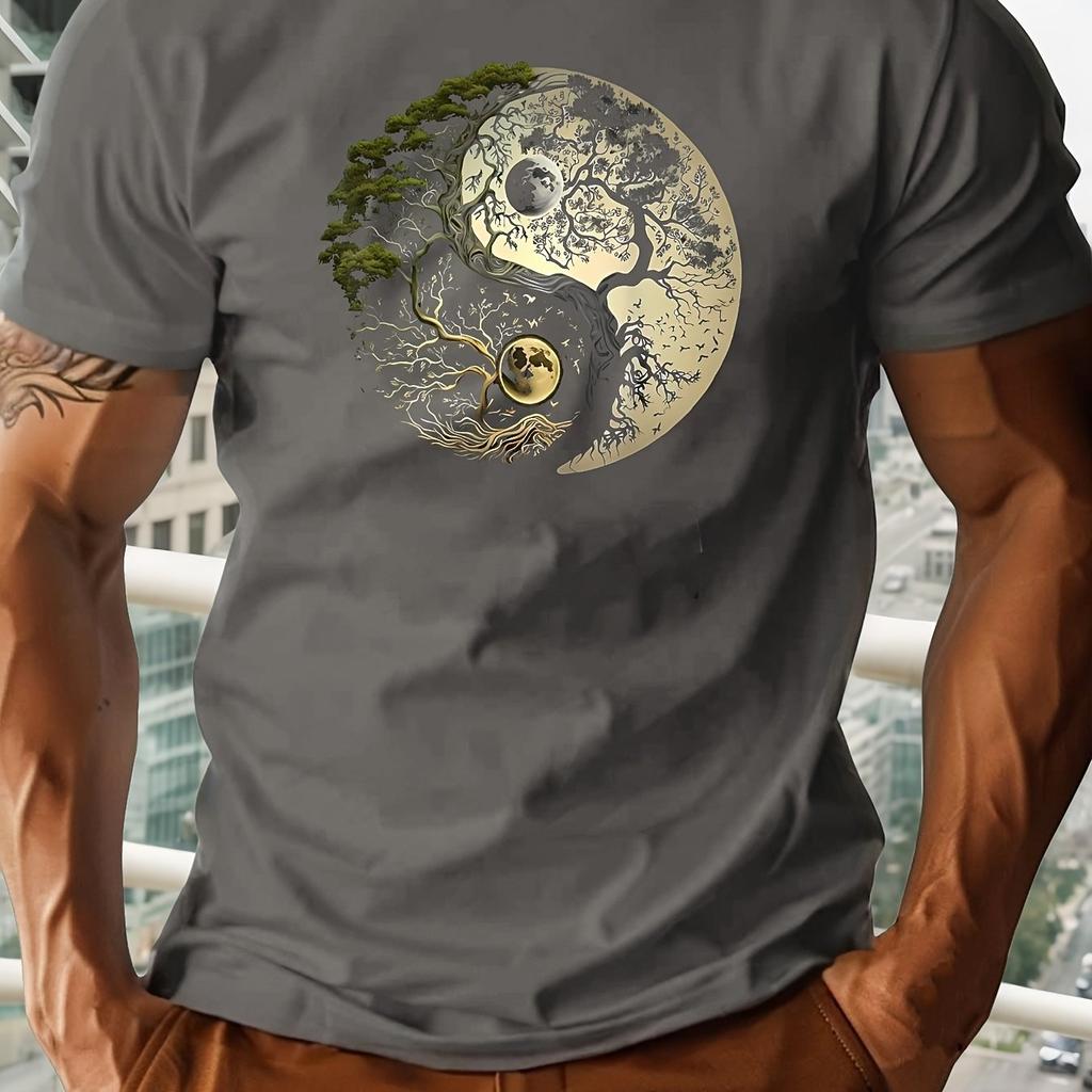 Men's summer casual loose sports yin-yang tree pattern print round neck short sleeved T-shirt top