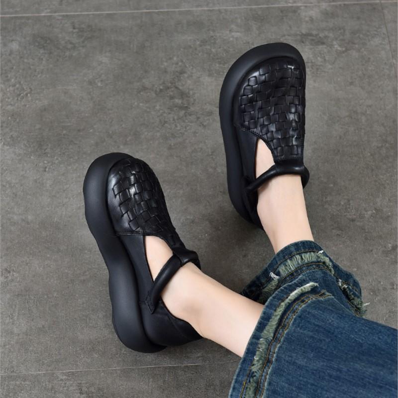 Johnature Hand Woven Genuine Leather Women's Shoes Comfortable Versatile Thick Soled Sandals