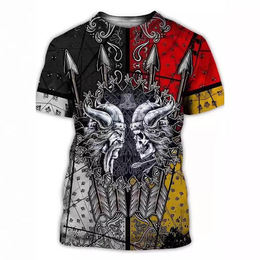 Letnie T-shirty męskie z okrągłym dekoltem i nadrukiem graficznym 3D o tematyce wikingów, modne i codzienne, z krótkim rękawem
