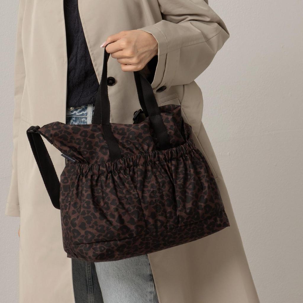 [highloop] High Roof 2-Pocket Large Fabric Shoulder Bag with Leopard Flower Pattern, Large Capacity, Travel Bag, Lightweight, Waterproof, Interior