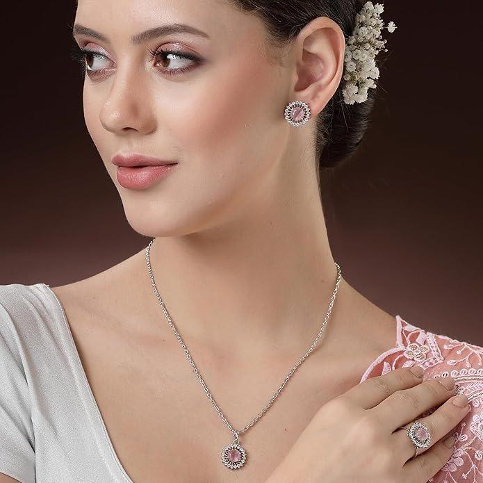 Silver Plated Luxury American Diamond Heart Crystal Pendant Ring & Earrings Combo Jewellery Set For Women