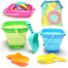 Collapsible Beach Sand Toys for Kids - Travel Beach Toys with 3 Collapsible Beach Buckets,3 Beach Shovels, 4 Sand Molds, Mesh Bags,Sand Bucket Shovel