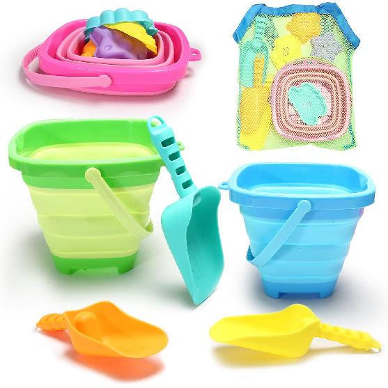 Collapsible Beach Sand Toys for Kids - Travel Beach Toys with 3 Collapsible Beach Buckets,3 Beach Shovels, 4 Sand Molds, Mesh Bags,Sand Bucket Shovel
