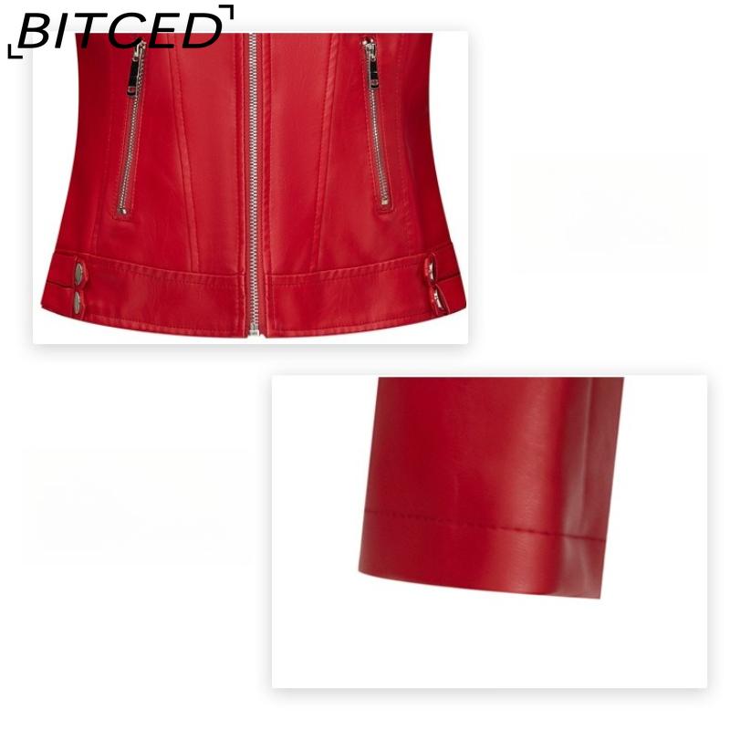 Fashionable Women's PU Leather Jacket, Stand Collar, Lightweight Spring/Autumn Style, Red Leather Jacket