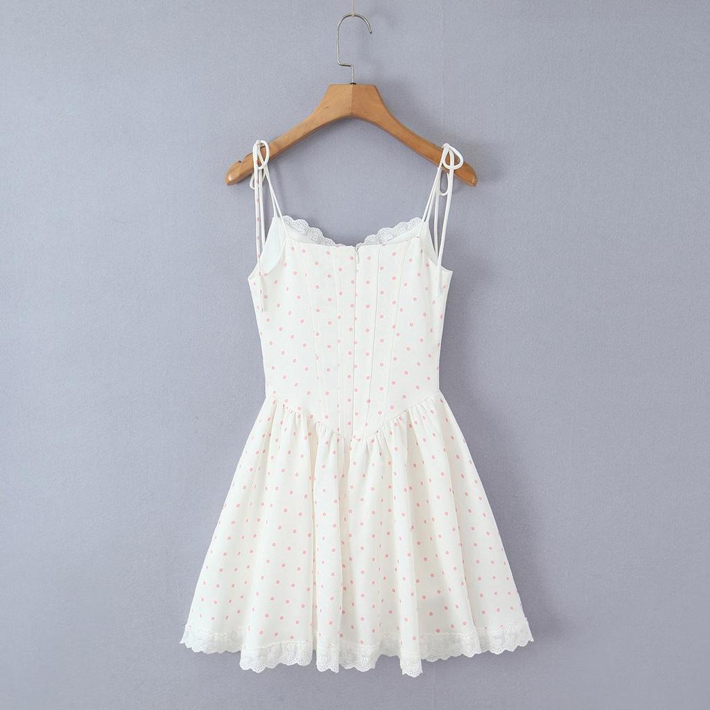 2026 Chic Sweet Polka Dot Lace Patchwork Camisole Dress with Mini Skirt