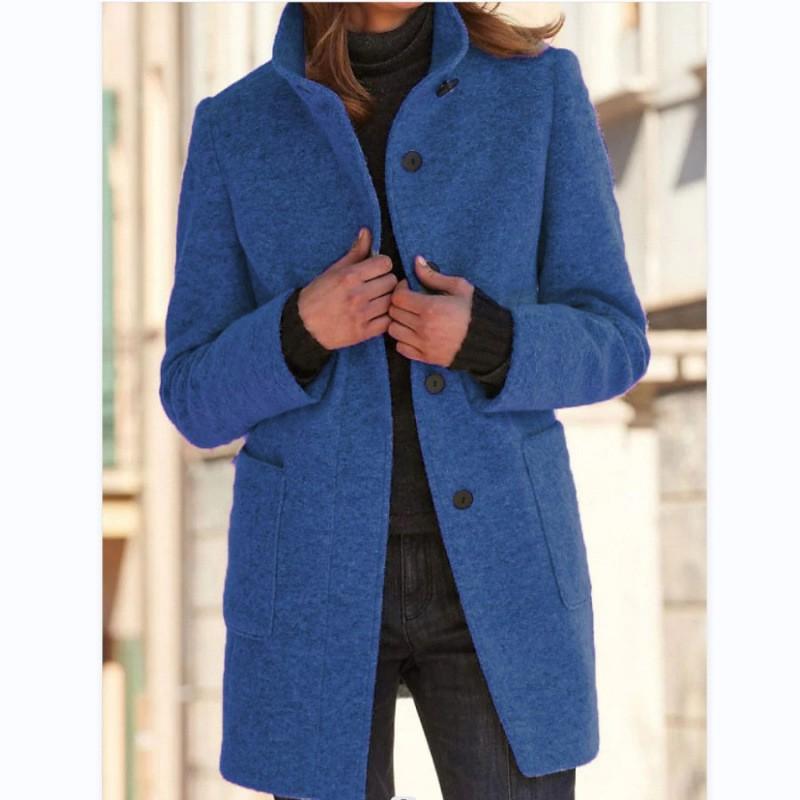 Womens Vintage Solid Color Button-Up Stand Collar Wool Blend Coat Winter 2026