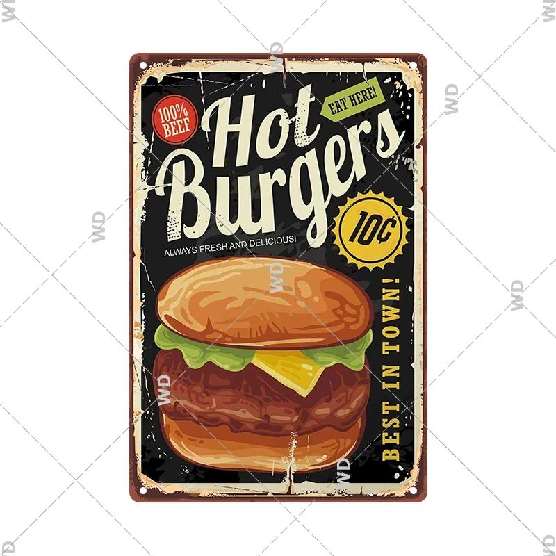 Panneau en étain pour hamburgers, frites, HotDogs, FastFood, Plaque métallique rétro Vintage, affiche en métal, Pizza BBQ pour décoration murale de cuisine