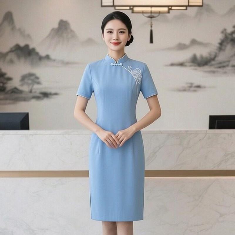 Trueman Light Blue Professional Women's Cheongsam Dress & Suit Sets