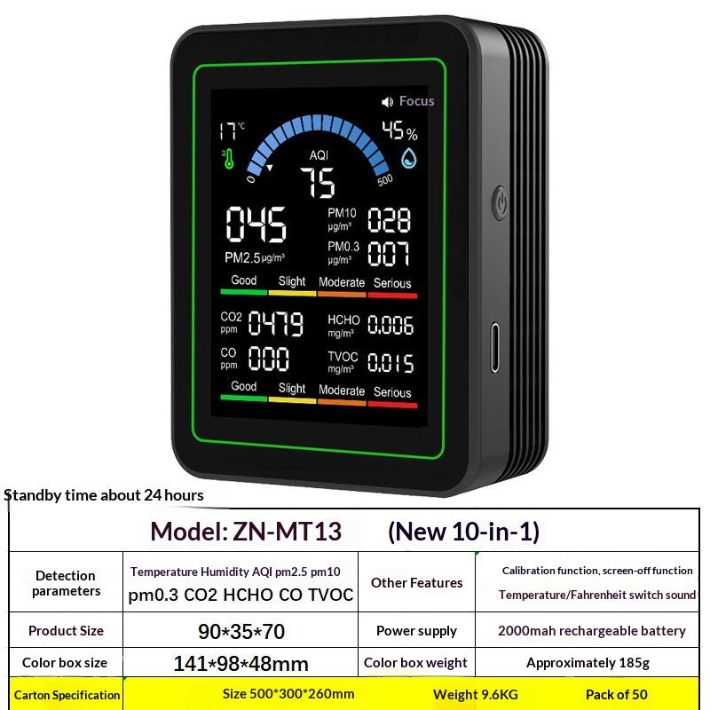 10-i-1 CO2 Luftkvalitetsdetektor PM0.3 PM1.0 PM2.5 PM10 HCHO TVOC Tester Temperatur- og Fugtighedsmåler Kuldioxidmonitor