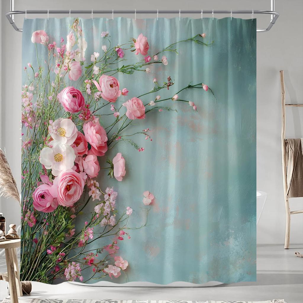 Elegante Tenda da Doccia Vintage con Rose e Ranuncoli - Bouquet Rosa e Bianco su Azzurro Pastello, Design Romantico, Poliestere Lavabile in Lavatrice