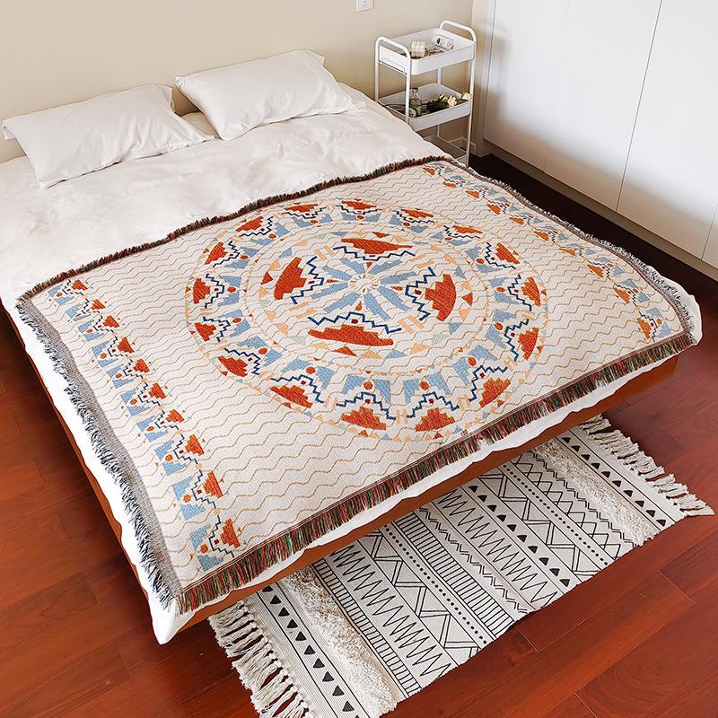 Bohemian Cotton Jacquard Throw Blanket and Bed Runner for Home or Hotel.