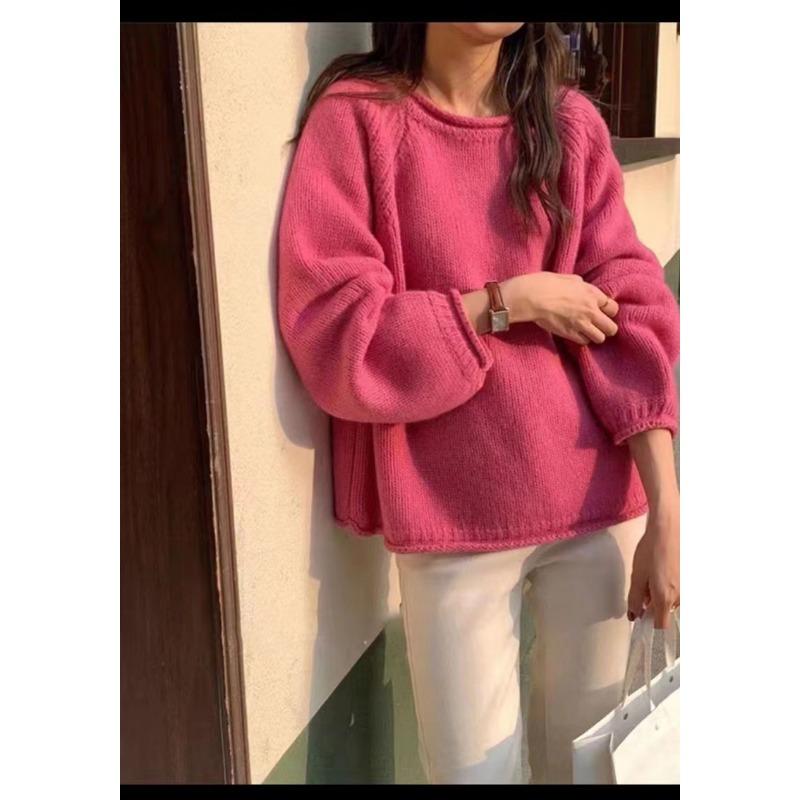 Gekräuseltes einfarbiges sanftes lockeres Strickoberteil vielseitiger lässiger weicher wachsartiger Pullover mit niedrigem Rundhalsausschnitt für Damen