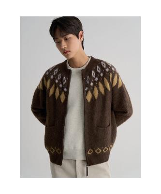 Modified Fair Isle Round Zip-Up Cardigan Brown