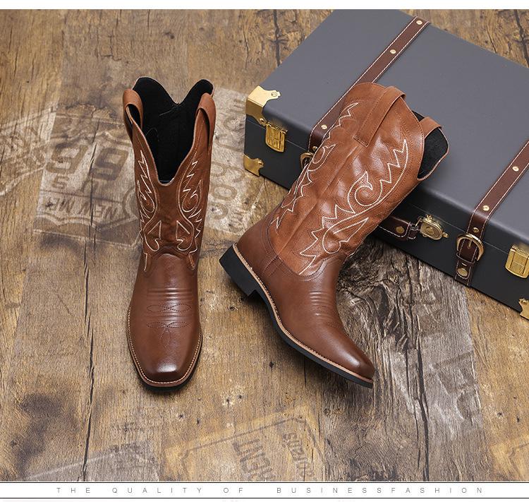 Men's Retro Leather Cowboy Boots, Size 48 - Trendy High Boots for Spring, Autumn, and Winter