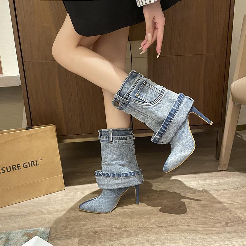 2024 Foreign Trade Autumn and Winter New Pointed High-heeled Fashion Boots Washed Denim Short Tube Pleated Trousers High Heels