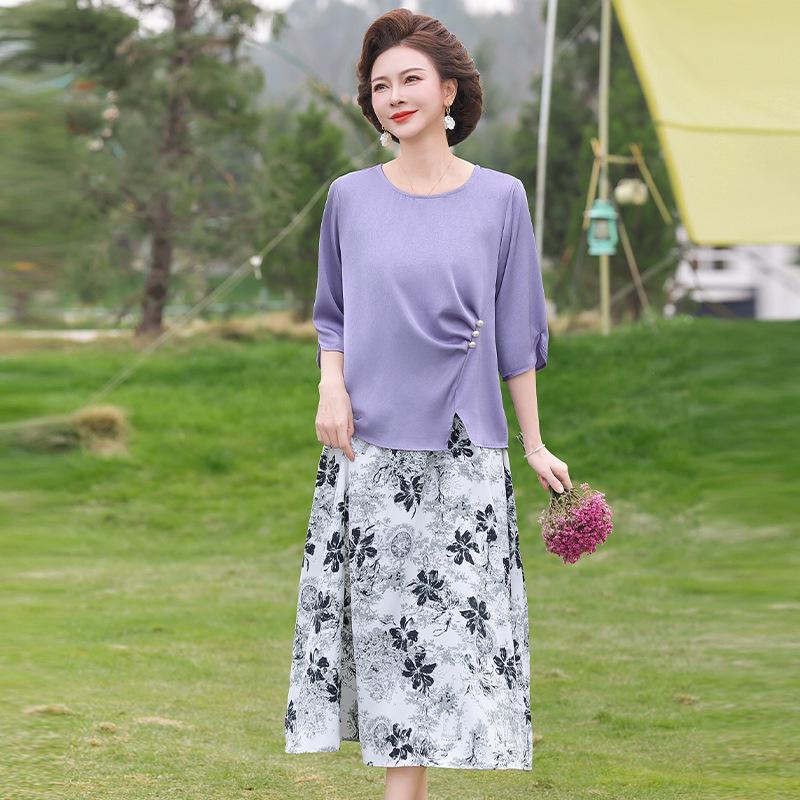 

2026 Stylish Mother s Day Floral Print Three-Quarter Sleeve Two-Piece Suit for Middle-Aged Women 3XL фіолетовий