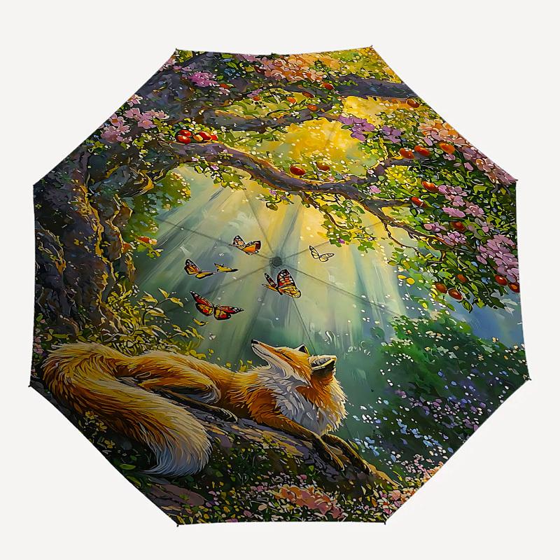 

1pc fox, butterflies umbrella with 8 iron ribs and a plastic handle, automatic opening and closing, portable and foldable1094