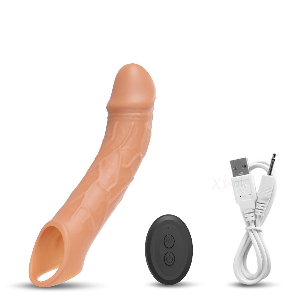 Fernbedienung, vibrierende Penisverlängerungshülse, Ejakulationsverzögerung, Penisverlängerung, wiederverwendbarer Silikon-G-Punkt-Stimulator für Paare