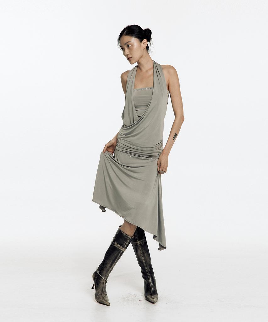 Kasiko Stud Drape Flare Skirt Warm Gray