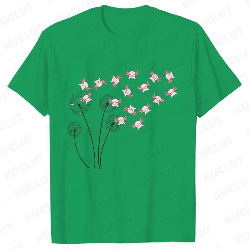 Dandelion Axolotl Flower T-shirt for Women Fashion Casual T-shirts Short Sleeve Axolotl Lover Women Tee Shirt Kawaii Clothing Shirts