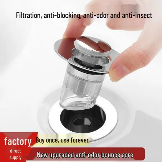 Universal Anti-Insect & Odor Stopper for Bathroom Sink - Press-Type Filter Plug & Play Bounce Core Accessory
