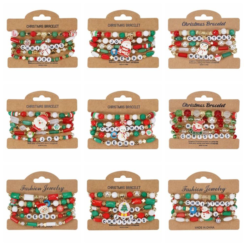5Pcs Snowman Christmas Bracelet Multi-Layer Stacking Rope Chain Bangle Beaded Bracelet  Gifts
