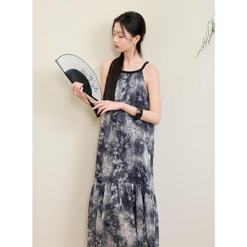 Sancai Molantingyu 2025 Summer New Chinese Style Printed Chiffon Sling Maxi Dress