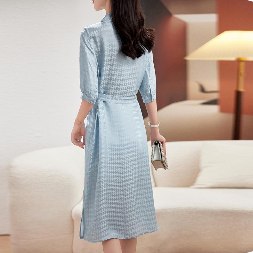 Sangbo satin silk thousand bird grid dress new trendy brand lapel mulberry silk skirt