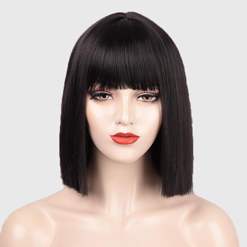Short Bob Wig Women Shoulder-Length Straight Hair Bangs High-Temperature Fiber 14 Inch