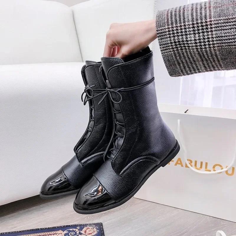 Fashion Large Size Women's Boots New 2024 Mid Length Slim Boots Women's Black Thick Heel Platform Boots  Women Shoes