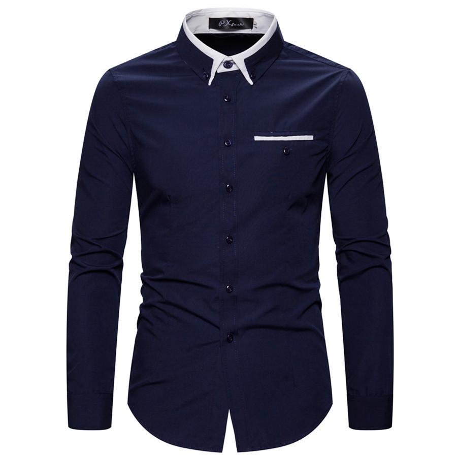 Men's Autumn Fashion Double Collar Solid Color Slim Fit Long Sleeve Shirt