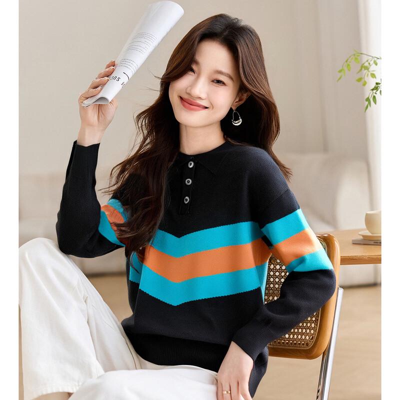 Oudifu Men s Wool Blend Contrast Stripe Pullover Sweater M