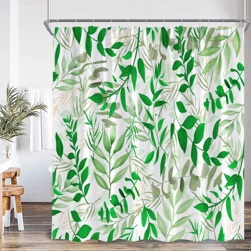 Floral Leaf Shower Curtain Green Leaves Colorful Flower Plant Nordic Bathroom Decor Modern Polyester Bath Curtain With Hook