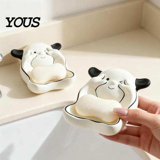 Waterproof Soap Holder Bathroom Box, Puppy Shape Dish, with Kids Raised Drainage Stripes Saver Tray, for Kitchen Washstand Quick Dry