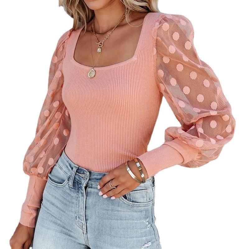 Frauen Frühling Mesh Puff Langarm Rippen Gestricktes Hemd Lose Beiläufige Tupfen Bluse Tops Elegante Rollkragen Party Clubwear