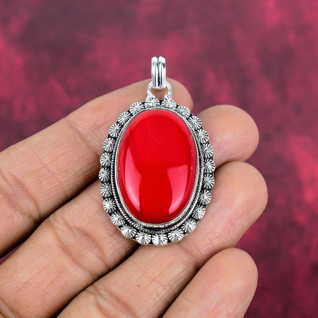 Roter Koralle Handgemachter Edelstein Anhänger, 925 Sterling Silber Anhänger Antiker Schmuck, Für Verlobungsgeschenk