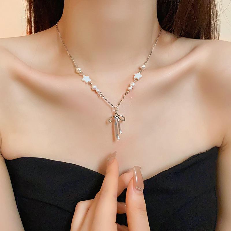 Y2k Bowknot Pendant Necklace for Women Sweet Korean Cute Pearl Star Necklace Aesthetic Jewelry