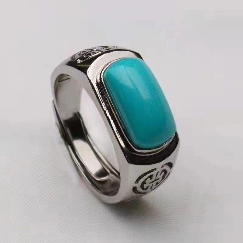 Classic Silver 925 Ethnic Style Turquoise Saddle Rings for Women Simple Retro Hollow Out Green Ring Couple Style Banquet Jewelry