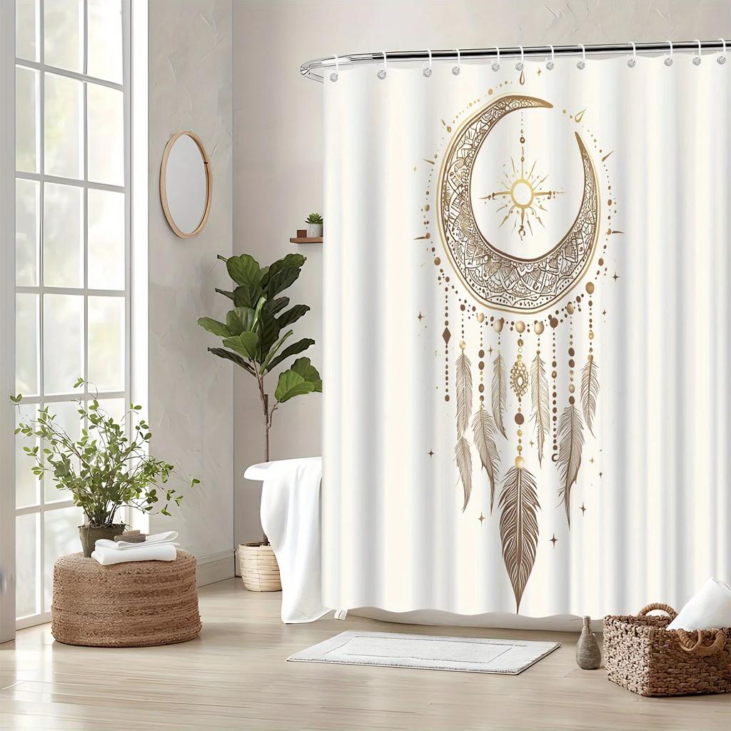 Celestial Crescent Moon Shower Curtain - Golden Geometric Designs & Bohemian Charms, Mystical Art Bath Decor