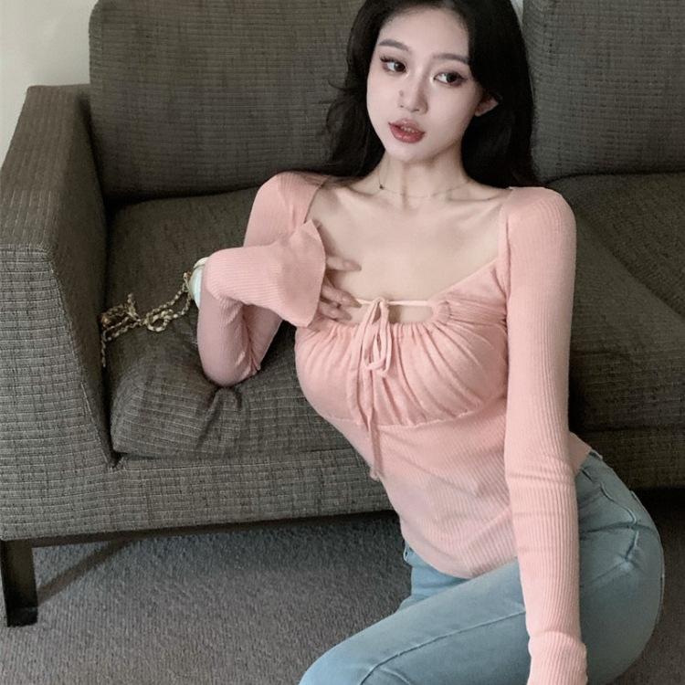 Spice Girl Sexy Foreign Style Fashion Drawstring Strap Square Neck Long Sleeve T-Shirt Autumn New Flared Sleeve Slim Skinny Top