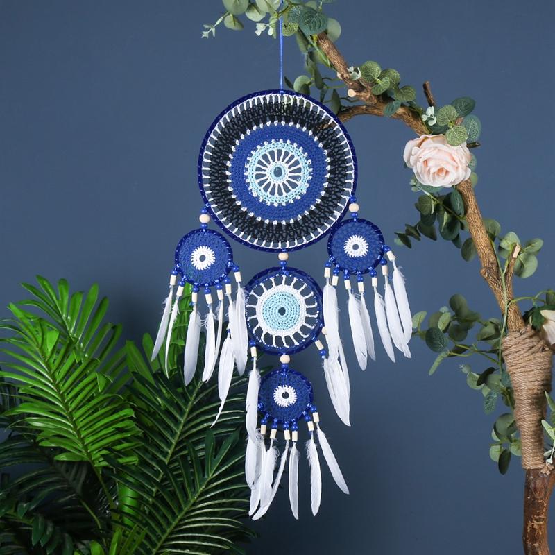 Vintage Bohemian Blue Feathers Dream Catchers Large Wind Chimes Window Hangings Home Decorations Bedroom Wall Pendants For Girls