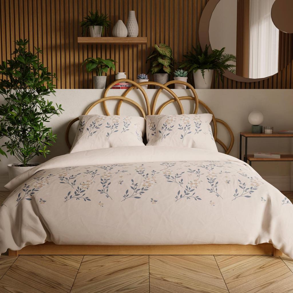 Amalia - Satin Bedding Set - Beige with Blue and Caramel Accents - Small Flowers - 220X200 Cm