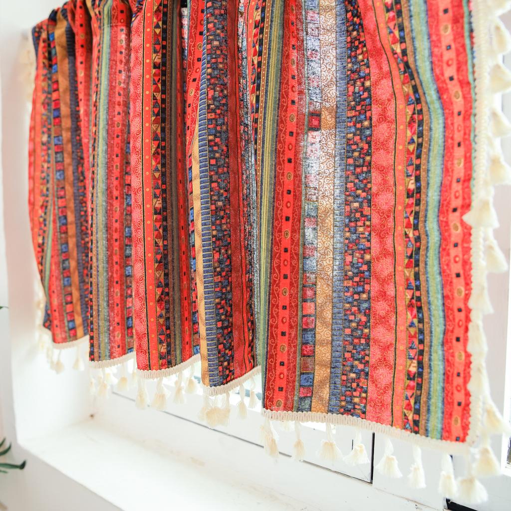 American Cotton And Linen Printed Curtains Finished Non-Punching Rural Kitchen Hanging Curtains Colored Fringed Coffee Short Curtains